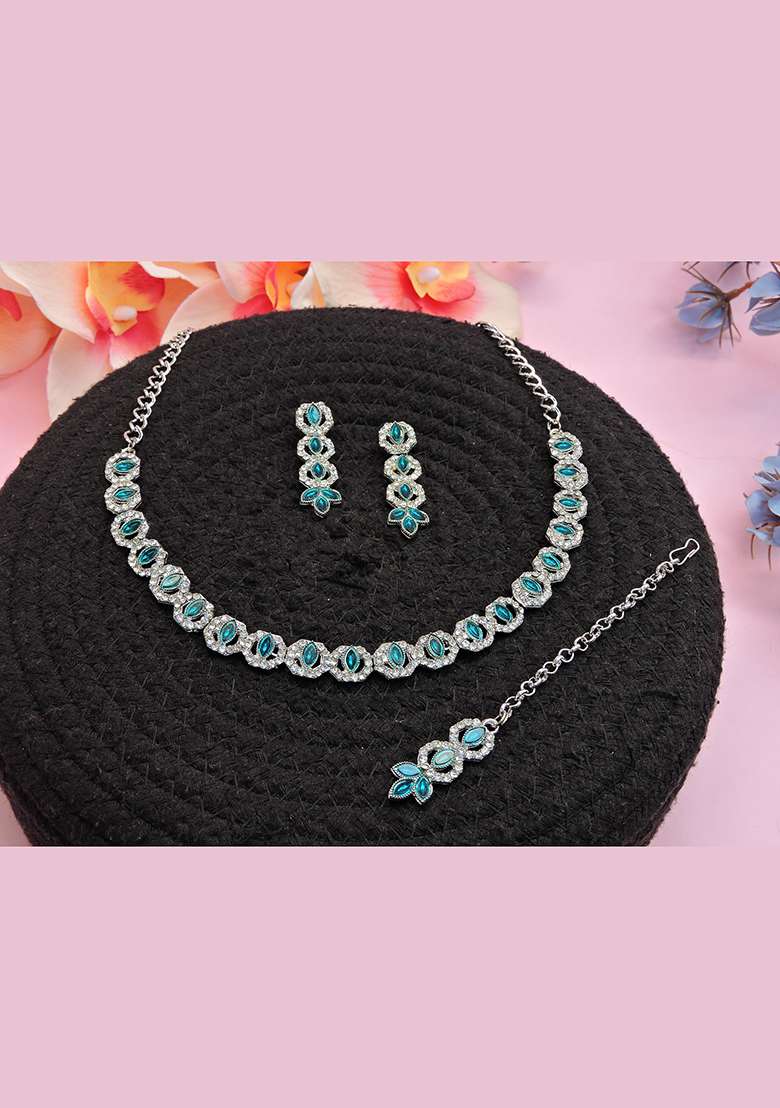 Green Alloy American Diamonds and Stone Necklace Set - Indya
