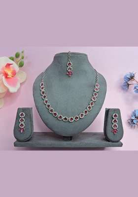 Pink Alloy American Diamonds and Stone Necklace Set