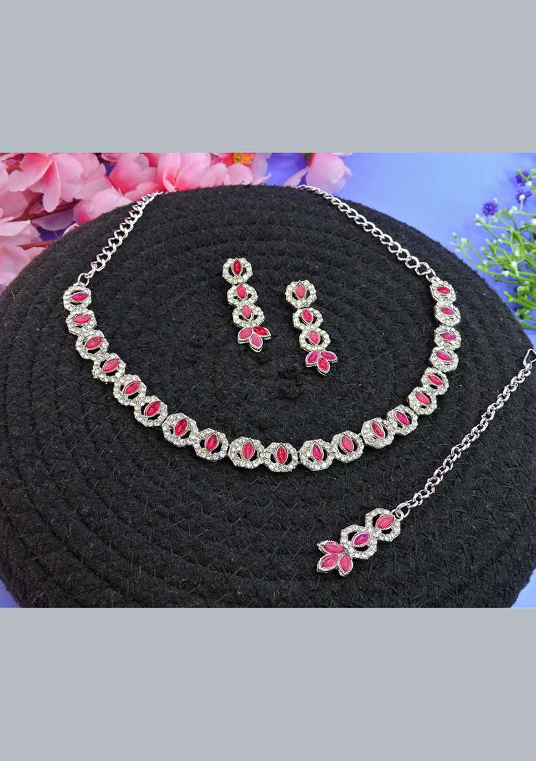 Pink Alloy American Diamonds and Stone Necklace Set - Indya