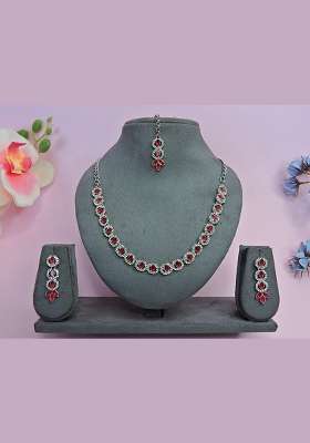 Red Alloy American Diamonds and Stone Necklace Set