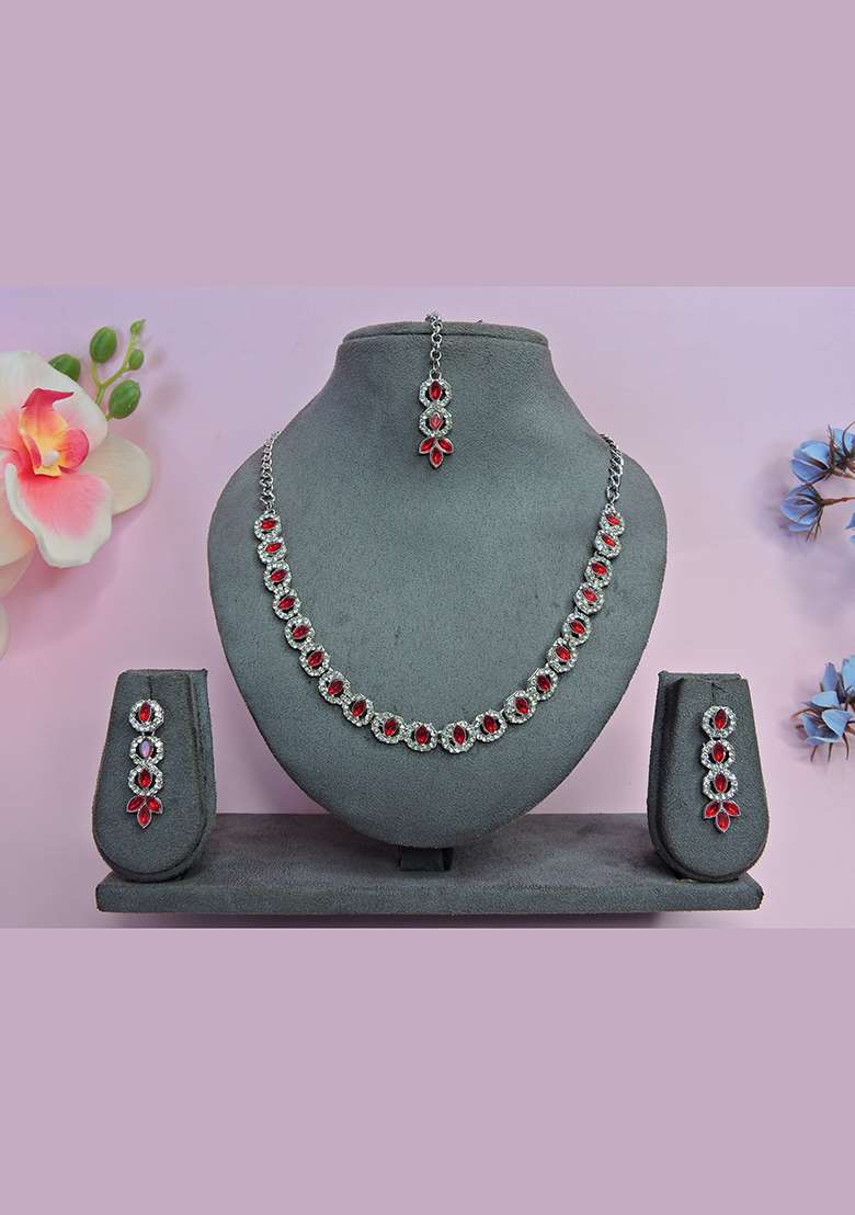 Red Alloy American Diamonds and Stone Necklace Set - Indya