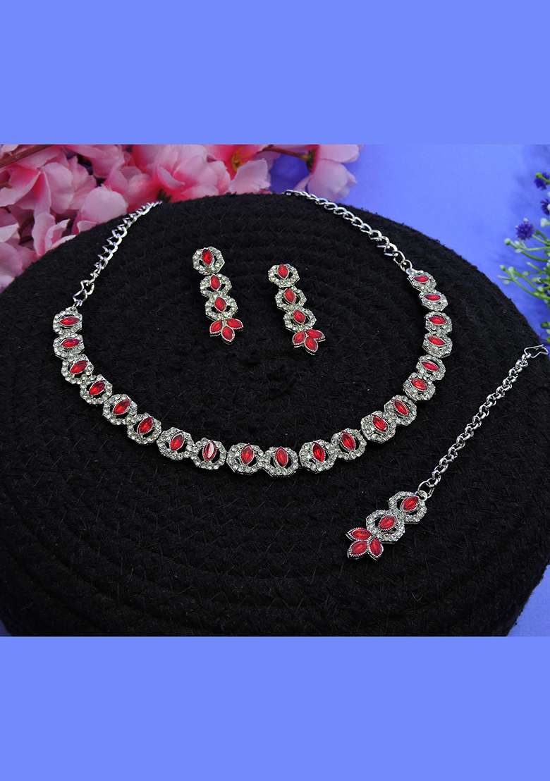 Red Alloy American Diamonds and Stone Necklace Set - Indya