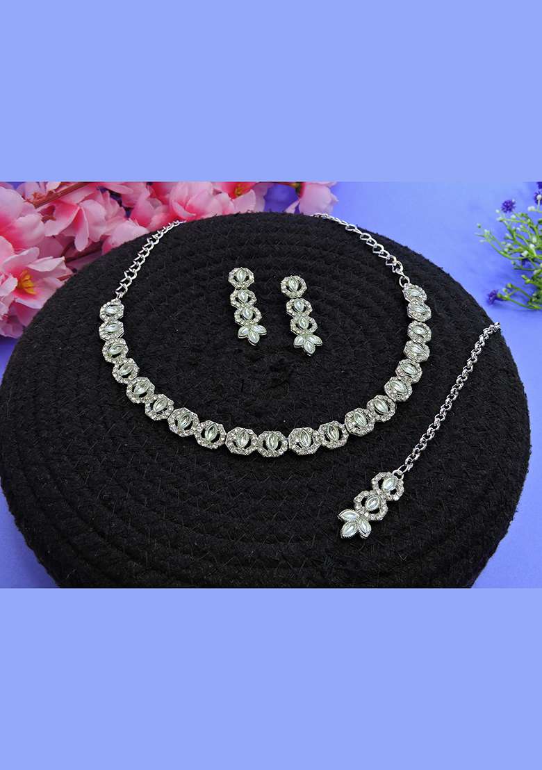 White Alloy American Diamonds and Stone Necklace Set - Indya