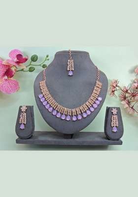 Pink Alloy American Diamonds and Stone Necklace Set