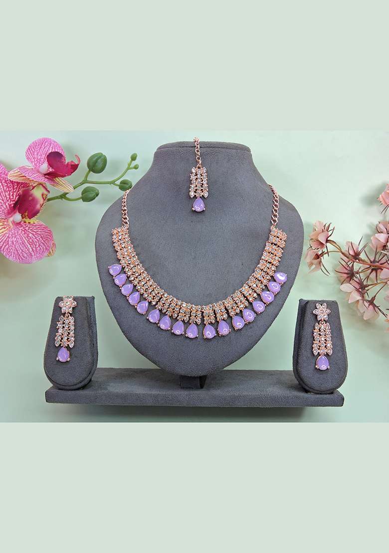 Pink Alloy American Diamonds and Stone Necklace Set - Indya