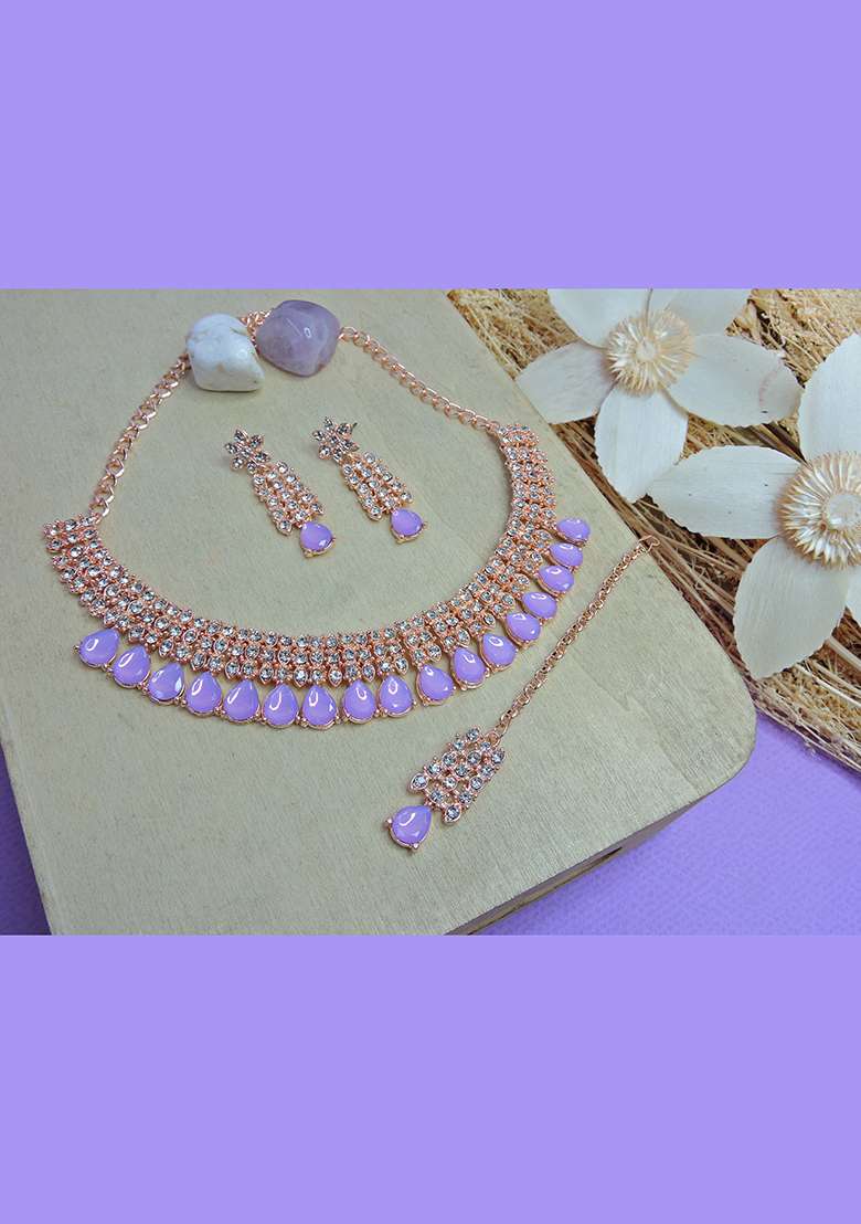Pink Alloy American Diamonds and Stone Necklace Set - Indya