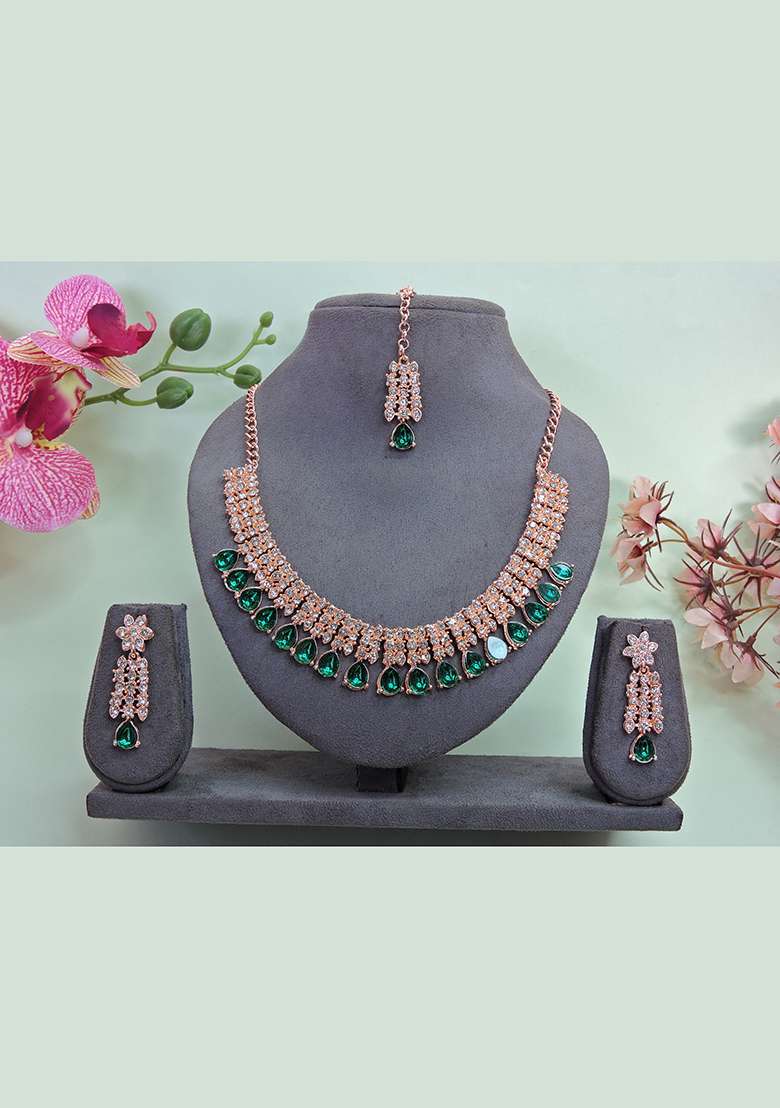 Green Alloy American Diamonds and Stone Necklace Set - Indya