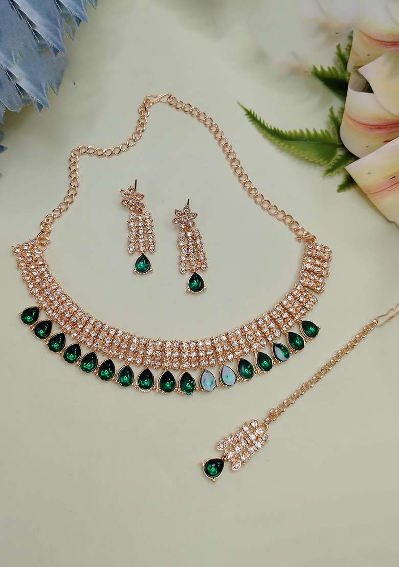 Green Alloy American Diamonds and Stone Necklace Set - Indya