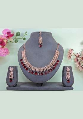 Maroon Alloy American Diamonds and Stone Necklace Set