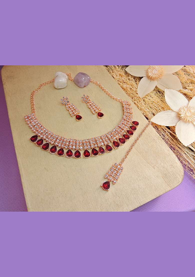 Maroon Alloy American Diamonds and Stone Necklace Set - Indya