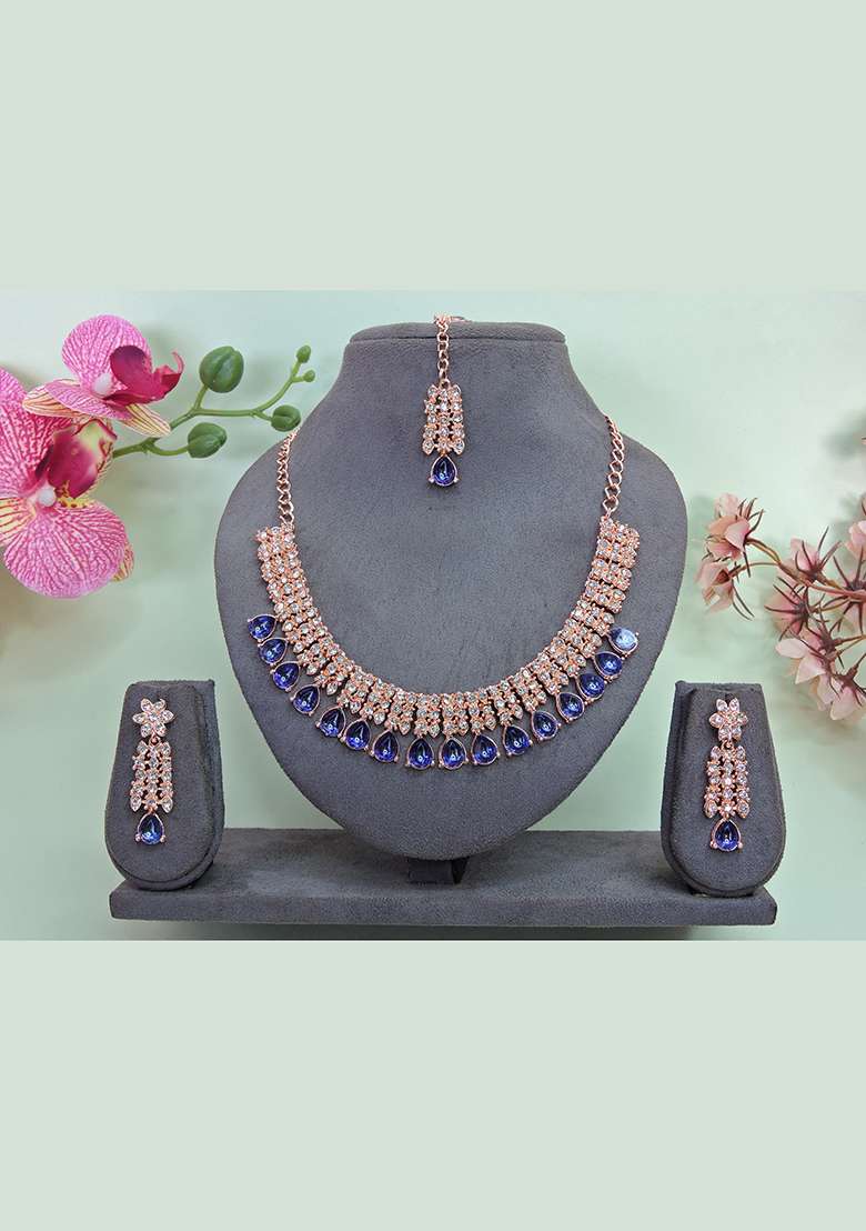 Blue Alloy American Diamonds and Stone Necklace Set - Indya