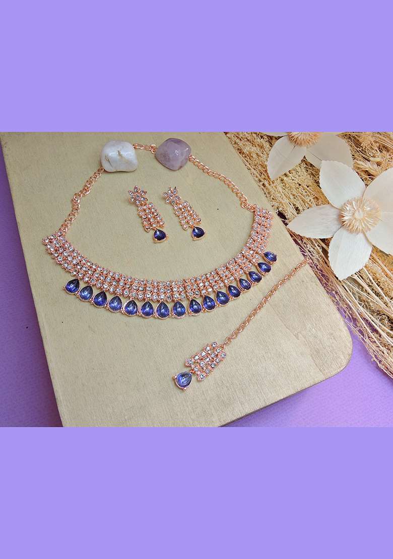 Blue Alloy American Diamonds and Stone Necklace Set - Indya