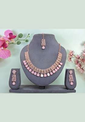 Pink Alloy American Diamonds and Stone Necklace Set