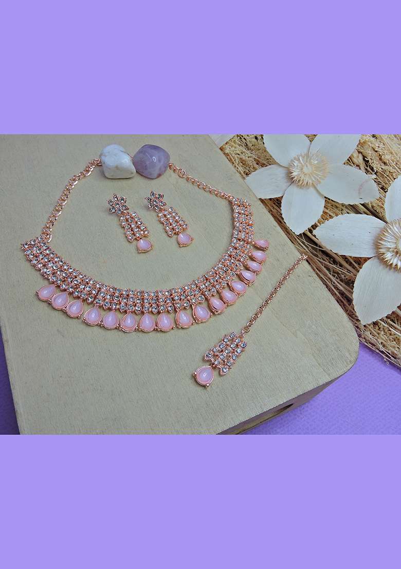 Pink Alloy American Diamonds and Stone Necklace Set - Indya