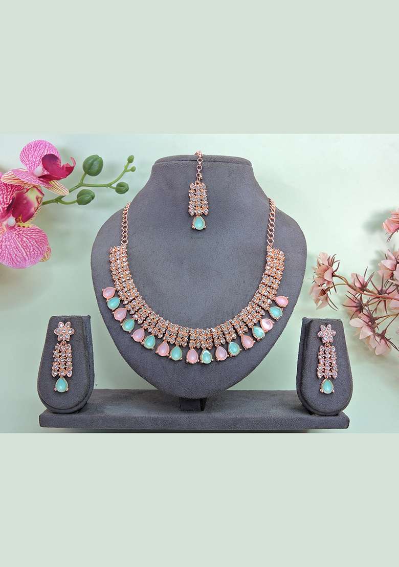 Green Alloy American Diamonds and Stone Necklace Set - Indya