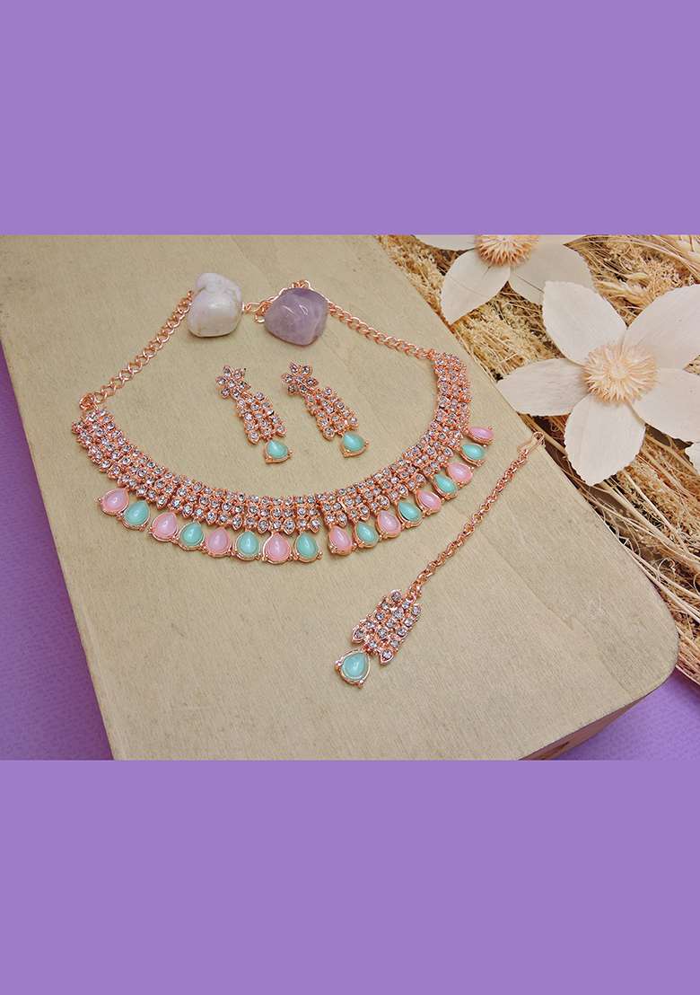 Green Alloy American Diamonds and Stone Necklace Set - Indya