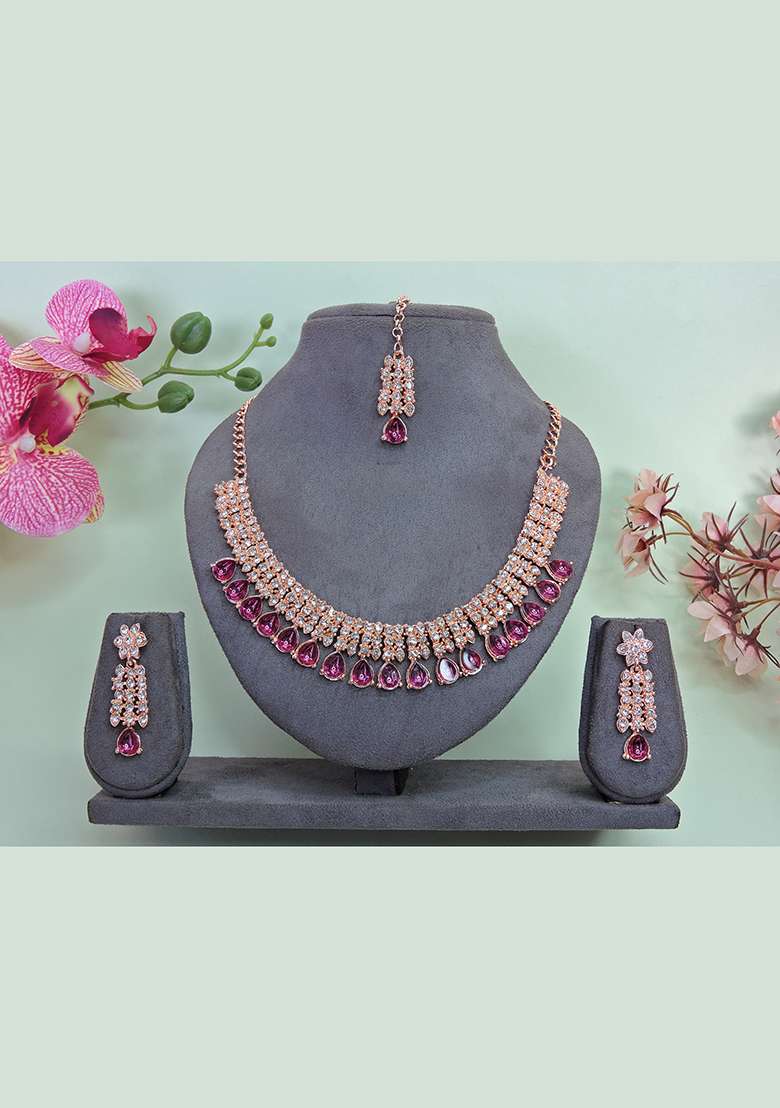 Pink Alloy American Diamonds and Stone Necklace Set - Indya
