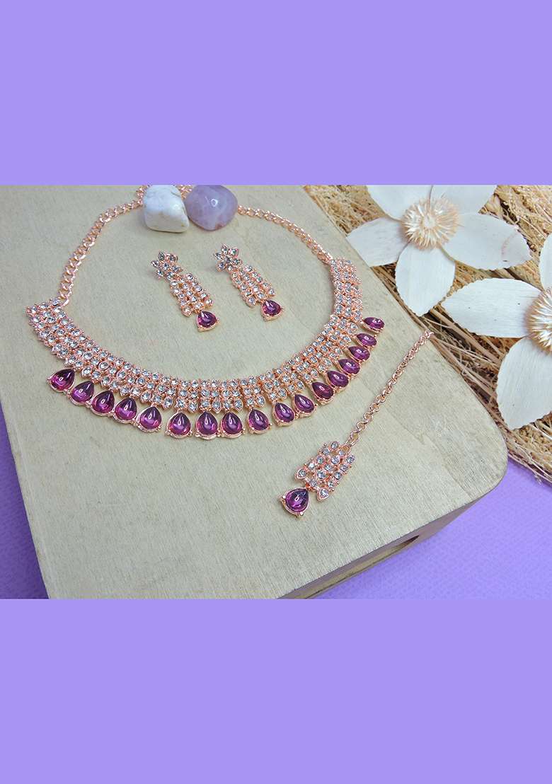 Pink Alloy American Diamonds and Stone Necklace Set - Indya