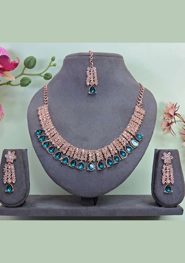 Green Alloy American Diamonds and Stone Necklace Set - Indya