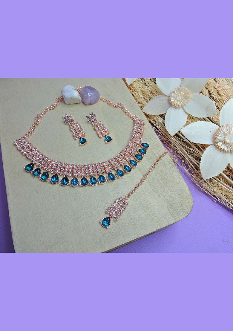 Green Alloy American Diamonds and Stone Necklace Set - Indya