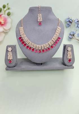 Pink Alloy American Diamonds and Stone Necklace Set