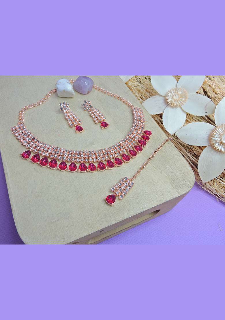 Pink Alloy American Diamonds and Stone Necklace Set - Indya