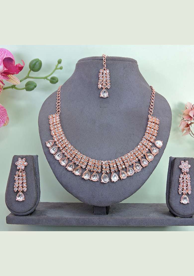 Pink Alloy American Diamonds and Stone Necklace Set - Indya