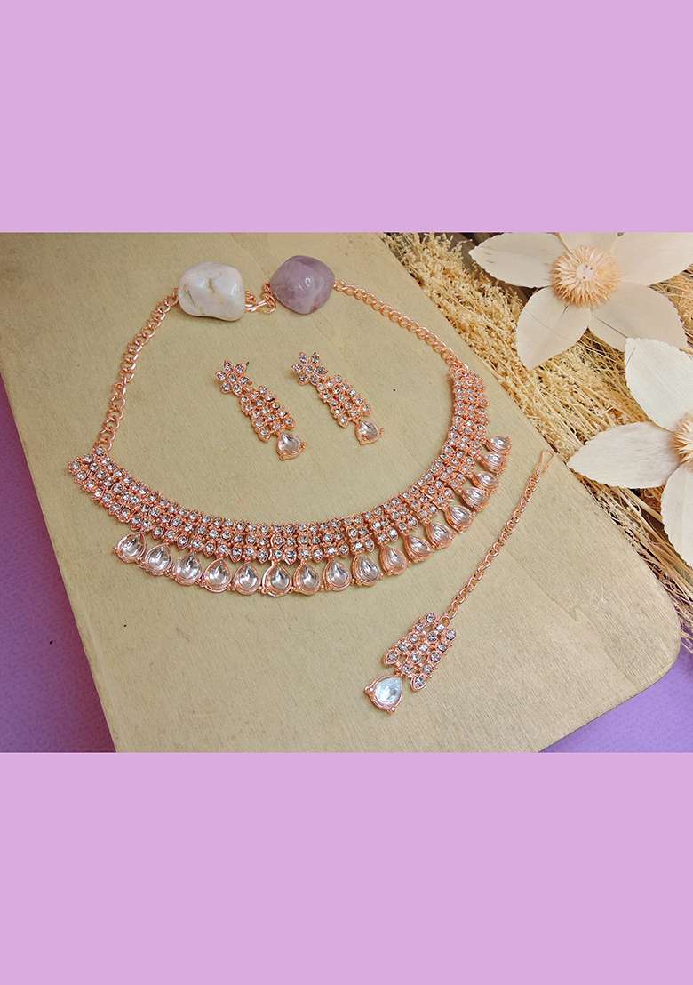 Pink Alloy American Diamonds and Stone Necklace Set - Indya