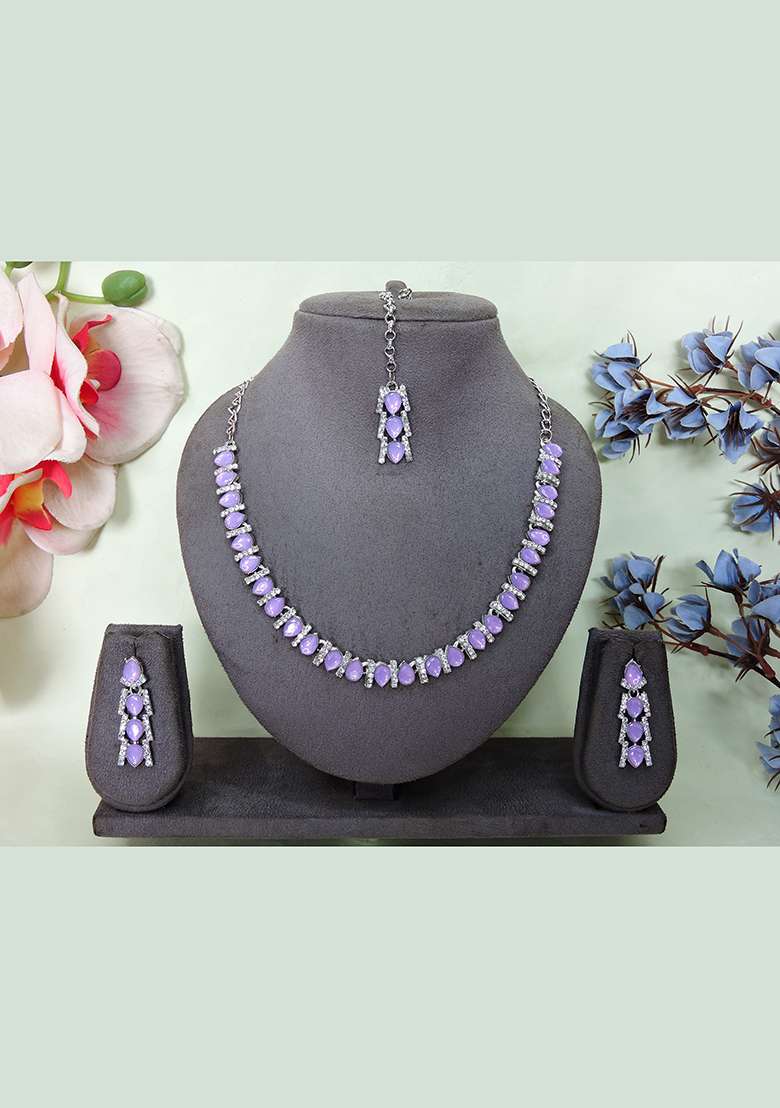 Purple Alloy American Diamonds and Stone Necklace Set - Indya