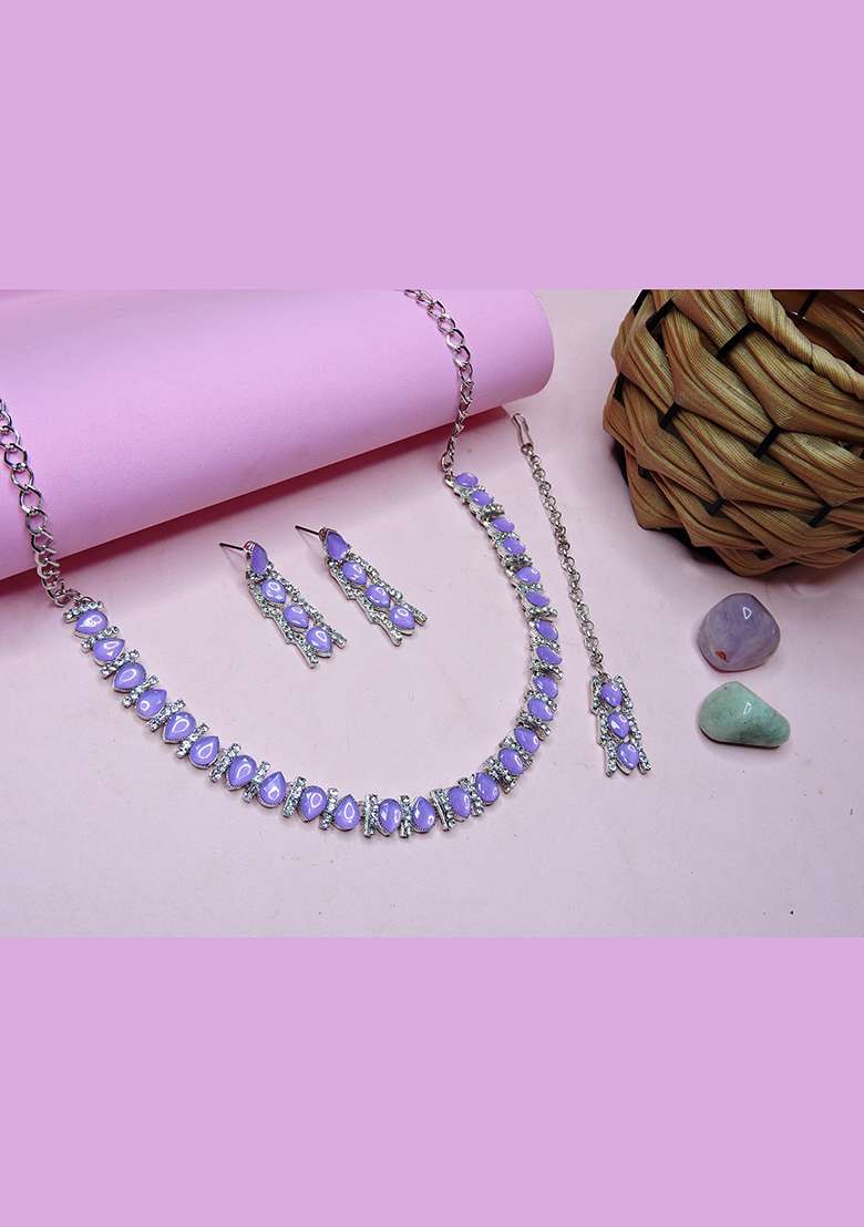 Purple Alloy American Diamonds and Stone Necklace Set - Indya