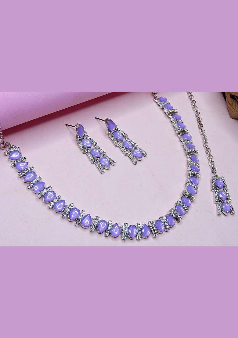 Purple Alloy American Diamonds and Stone Necklace Set - Indya