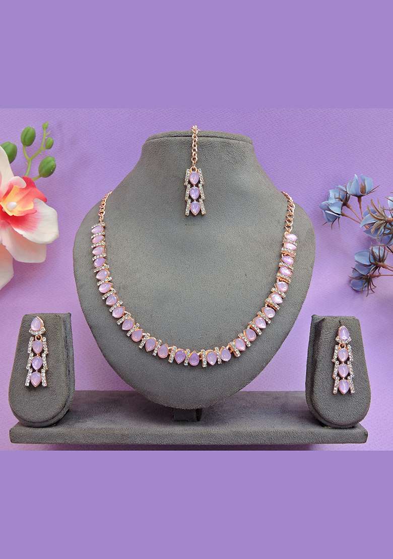 Pink Alloy American Diamonds and Stone Necklace Set - Indya