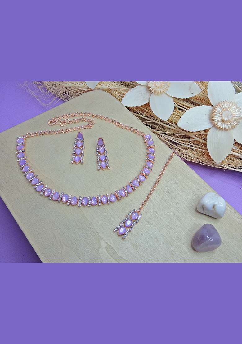 Pink Alloy American Diamonds and Stone Necklace Set - Indya