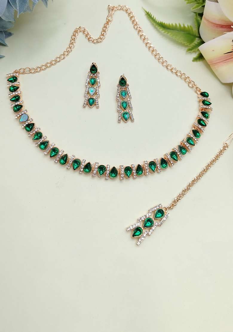 Green Alloy American Diamonds and Stone Necklace Set - Indya
