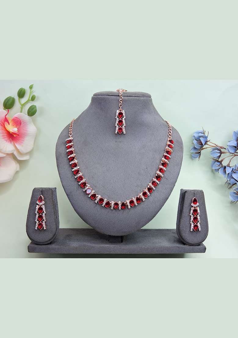 Maroon Alloy American Diamonds and Stone Necklace Set - Indya
