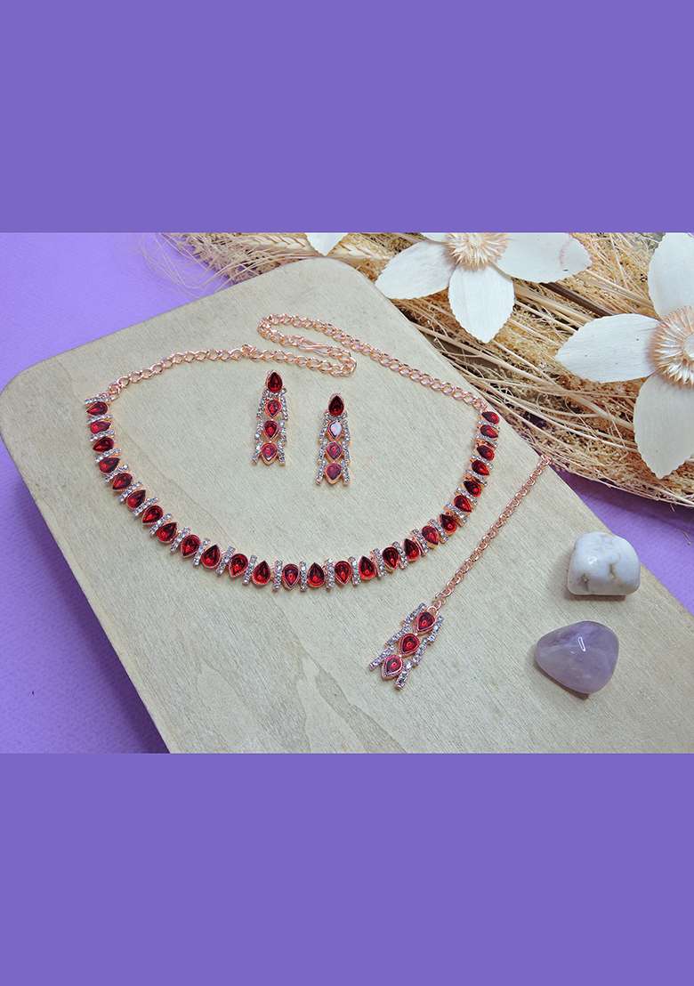 Maroon Alloy American Diamonds and Stone Necklace Set - Indya