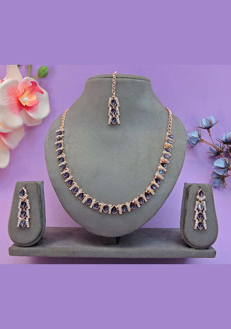 Blue Alloy American Diamonds and Stone Necklace Set - Indya