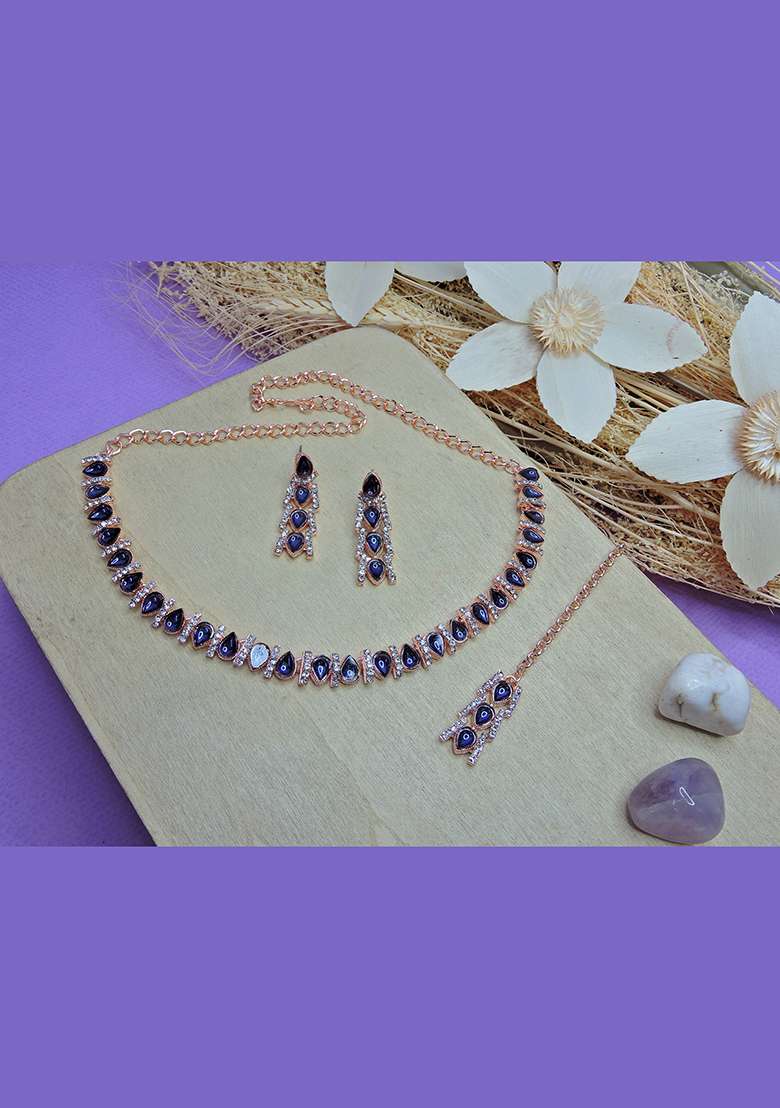 Blue Alloy American Diamonds and Stone Necklace Set - Indya