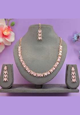 Pink Alloy American Diamonds and Stone Necklace Set