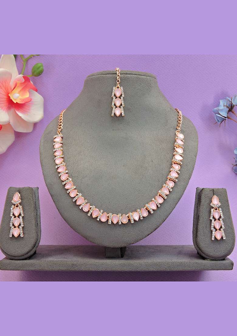 Pink Alloy American Diamonds and Stone Necklace Set - Indya