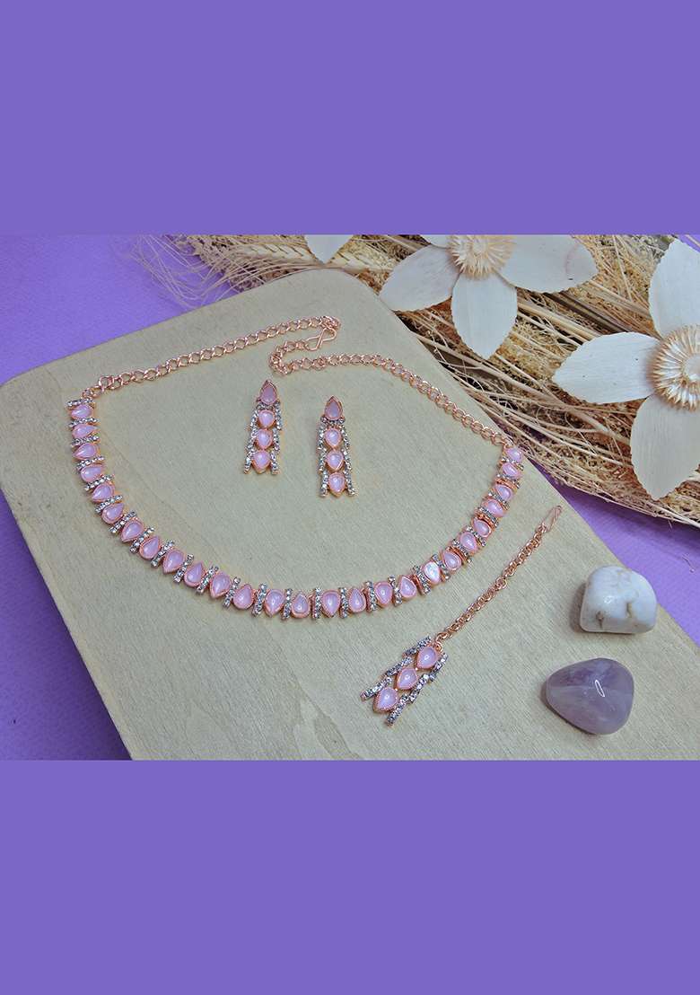 Pink Alloy American Diamonds and Stone Necklace Set - Indya