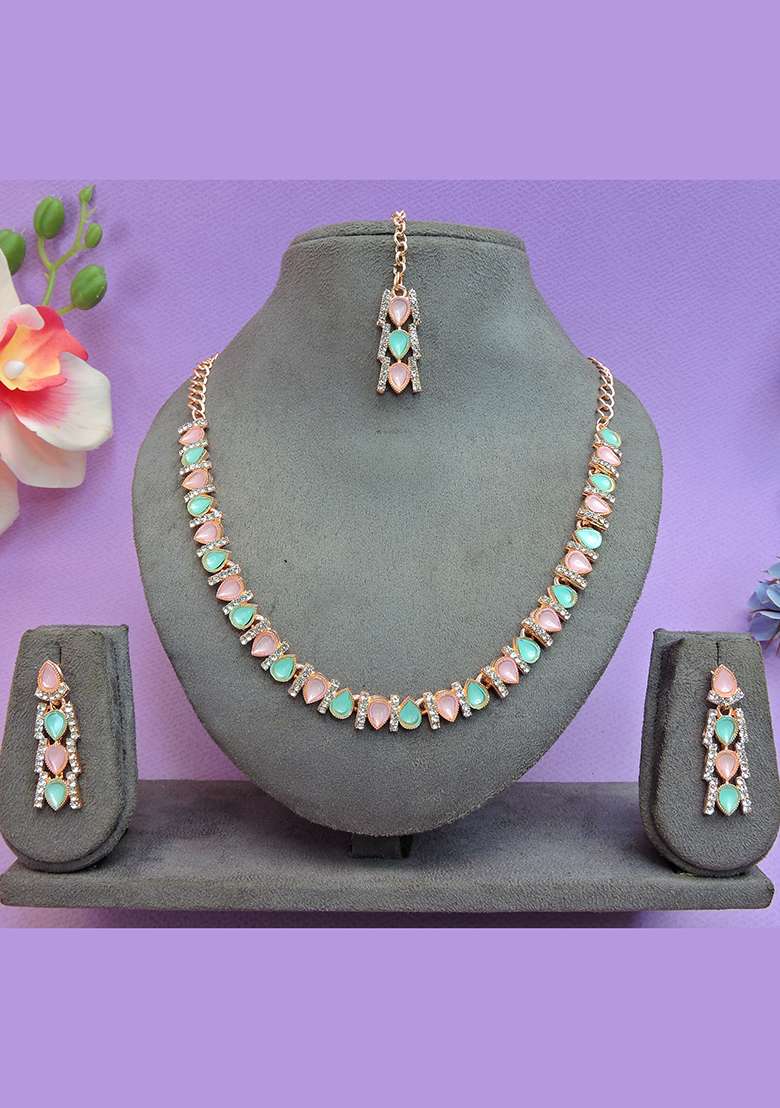 Green Alloy American Diamonds and Stone Necklace Set - Indya