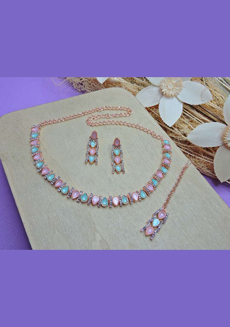 Green Alloy American Diamonds and Stone Necklace Set - Indya