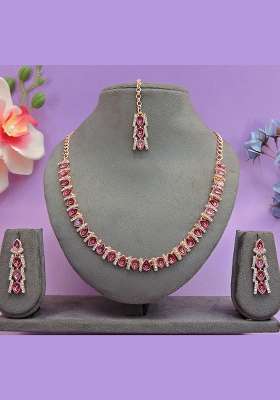 Pink Alloy American Diamonds and Stone Necklace Set