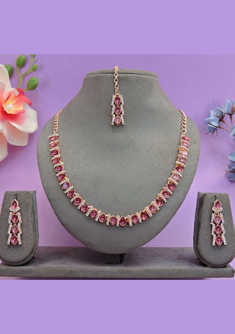 Pink Alloy American Diamonds and Stone Necklace Set - Indya