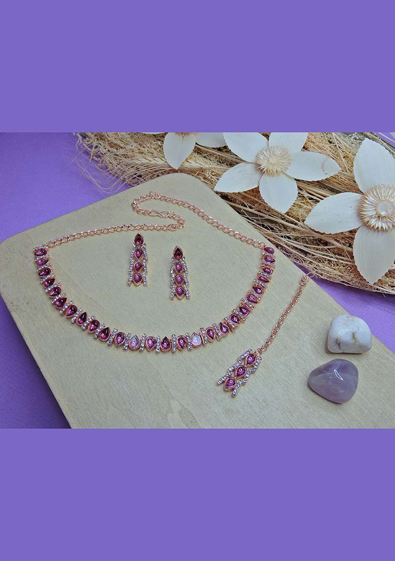 Pink Alloy American Diamonds and Stone Necklace Set - Indya