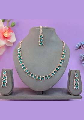 Green Alloy American Diamonds and Stone Necklace Set