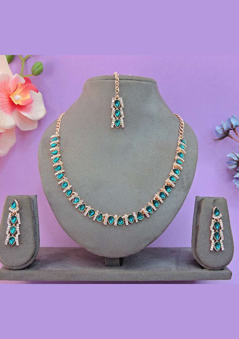 Green Alloy American Diamonds and Stone Necklace Set - Indya
