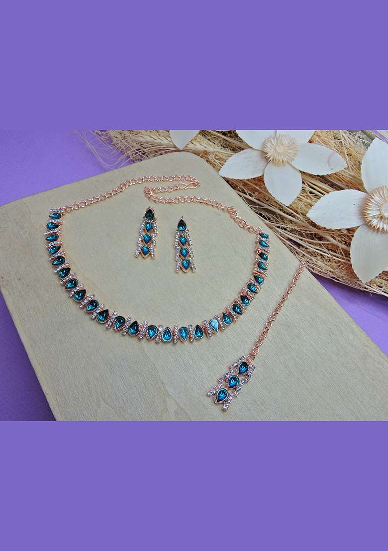 Green Alloy American Diamonds and Stone Necklace Set - Indya