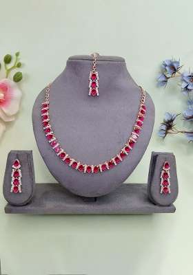 Pink Alloy American Diamonds and Stone Necklace Set